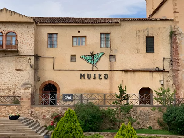 Fachada de museo con mariposa decorativa.