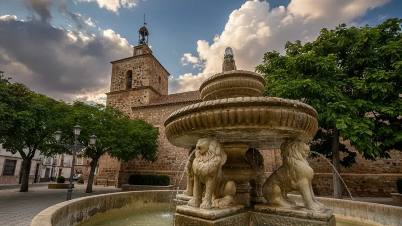 Fuente ornamental con esculturas de leones en la plaza de Fernán Caballero (Ciudad Real), con la iglesia parroquial al fondo.