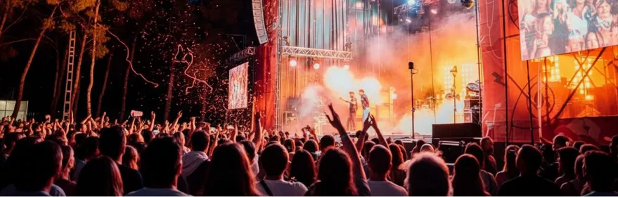 Escenario con artistas y pantallas gigantes ante público con brazos en alto.