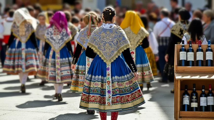 Mujeres con trajes tradicionales caminando en desfile festivo.