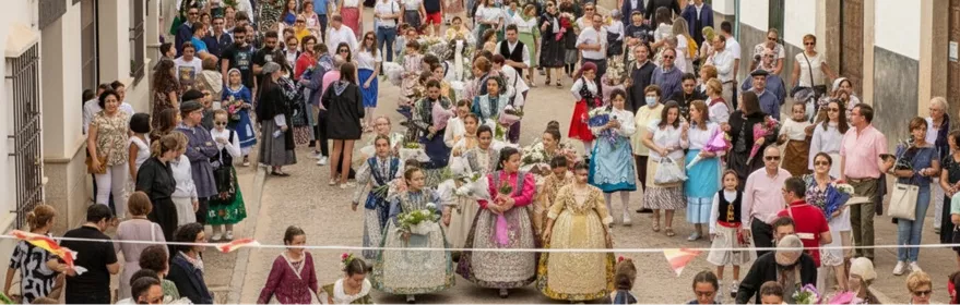 Vista elevada de una procesión multitudinaria por una calle estrecha, con participantes con flores y público a ambos lados.