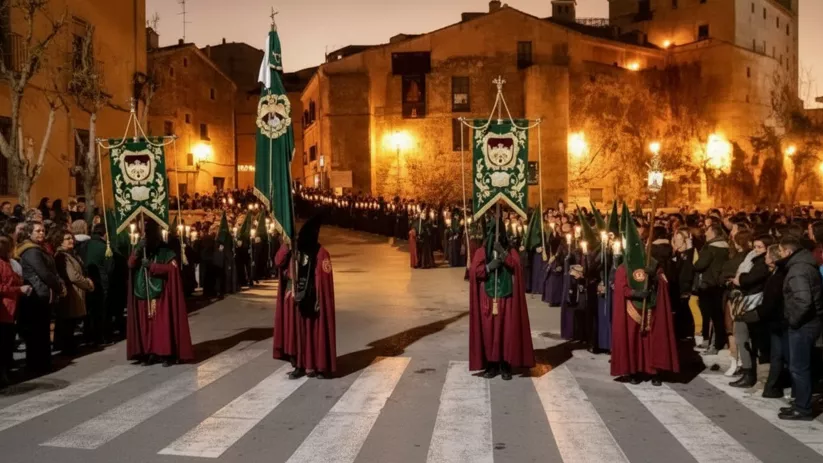 Procesión nocturna con estandartes y velas.