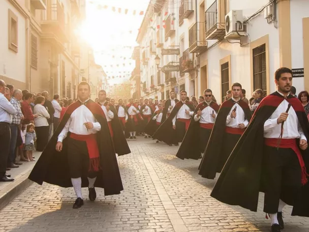 Desfile con capas negras por calle engalanada.