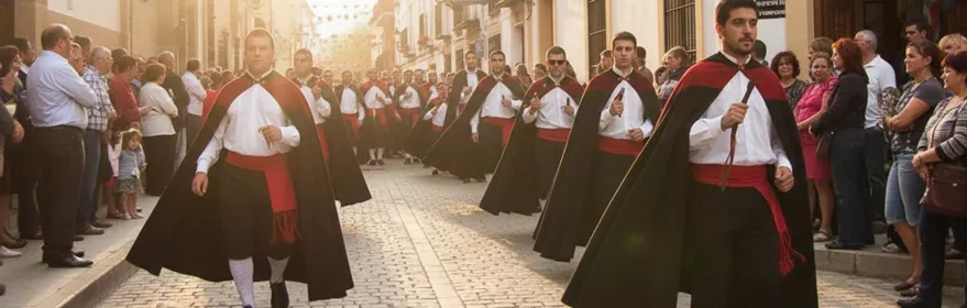 Desfile con capas negras por calle engalanada.