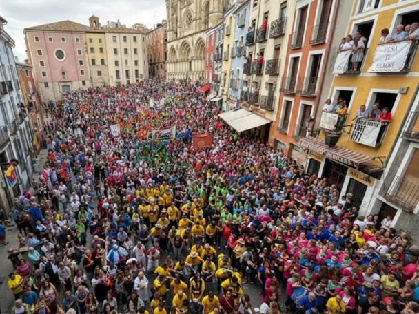 Multitud festiva llena una plaza histórica