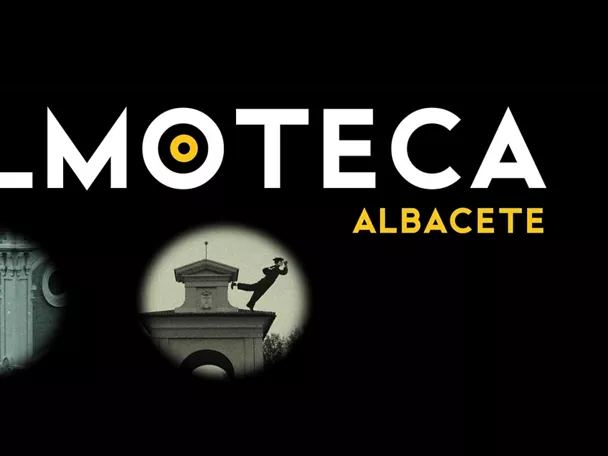 Imagen gráfica con logotipo de una filmoteca sobre fondo negro y escenas clásicas del cine enmarcadas en círculos.