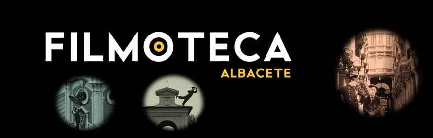 Imagen gráfica con logotipo de una filmoteca sobre fondo negro y escenas clásicas del cine enmarcadas en círculos.