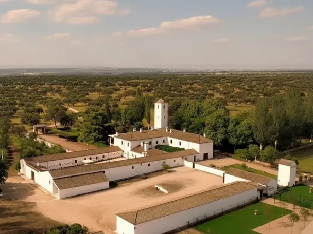 Vista aérea de finca rural entre campos y arbolado
