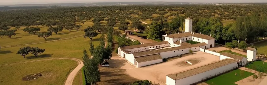 Vista aérea de finca rural entre campos y arbolado