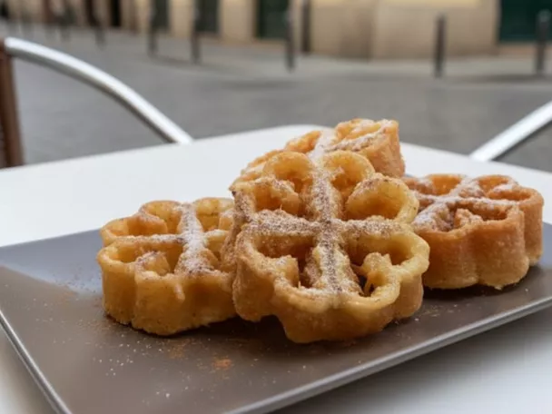Dulce frito en forma de flor espolvoreado con azúcar