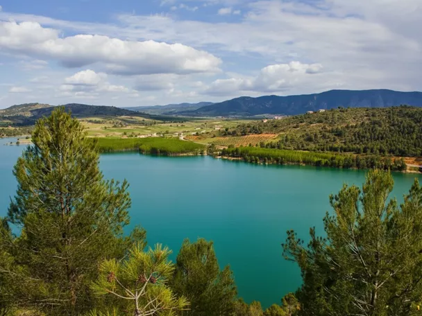 Lago de aguas turquesas rodeado de pinares y montañas
