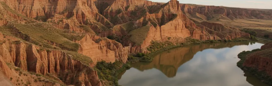 Barrancos rojizos junto a un río en paisaje erosionado