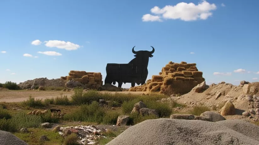 Escultura de toro entre pacas y cielo despejado