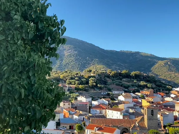 Vista del pueblo con montaña y árbol en primer plano