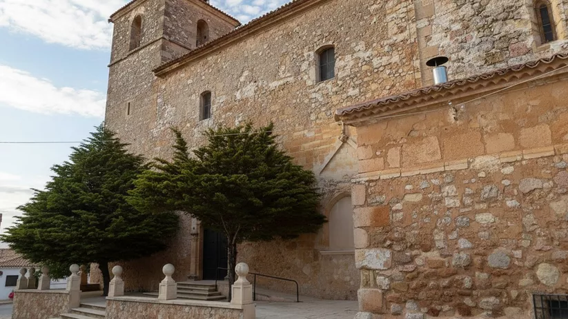 Fachada lateral de iglesia de piedra con escalinata