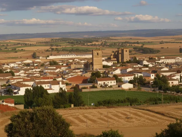 Vista general del pueblo entre campos de cultivo
