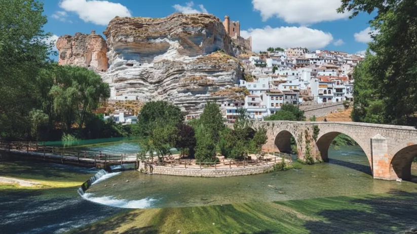 Conjunto urbano junto a un río y un puente de piedra