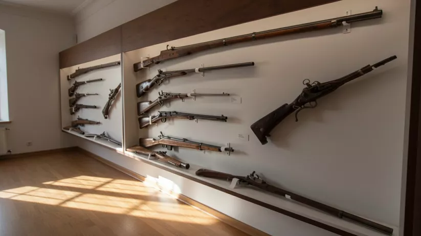 Exposición de armas largas montadas en la pared, con luz natural entrando por una ventana.
