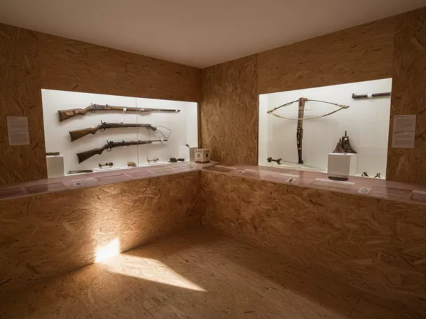 Vitrina iluminada con armas antiguas y piezas pequeñas en una sala con paneles de madera.