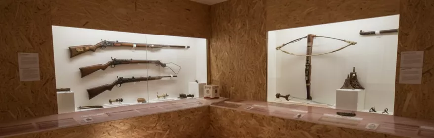 Vitrina iluminada con armas antiguas y piezas pequeñas en una sala con paneles de madera.