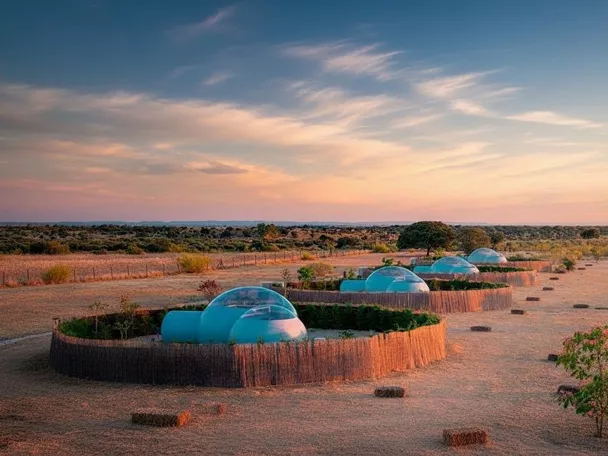 Alojamientos tipo burbuja en un paisaje abierto al atardecer