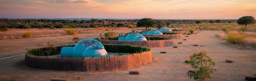 Alojamientos tipo burbuja en un paisaje abierto al atardecer