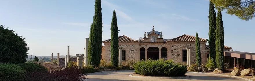Vista frontal de edificio tradicional rodeado de árboles y jardín circular.