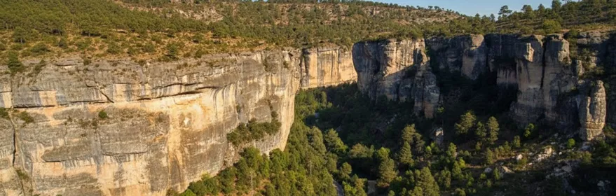 Cañón rocoso con carretera entre pinares