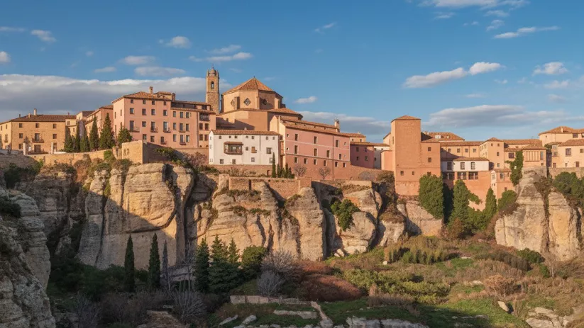 Conjunto monumental sobre rocas y valle verde