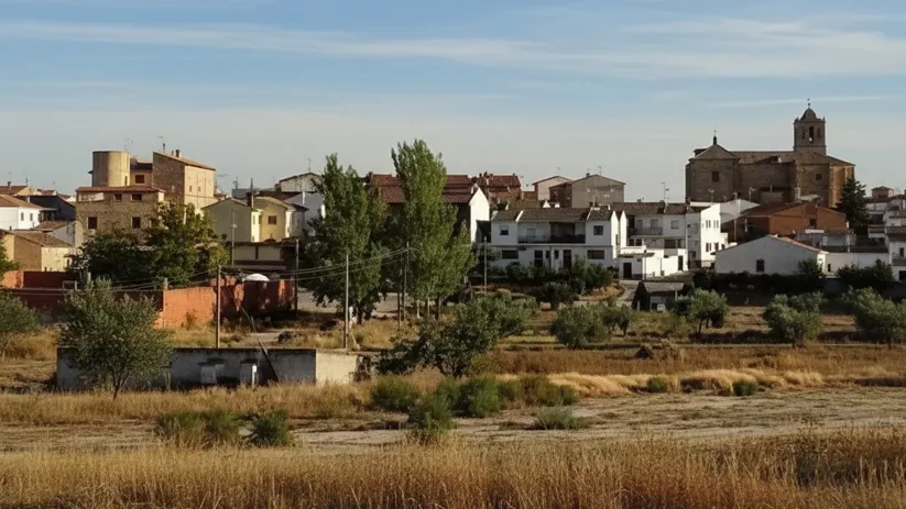 Vista del pueblo entre campos secos y árboles dispersos