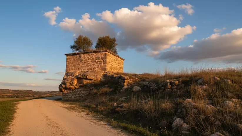 Construcción de piedra junto a un camino rural al atardecer