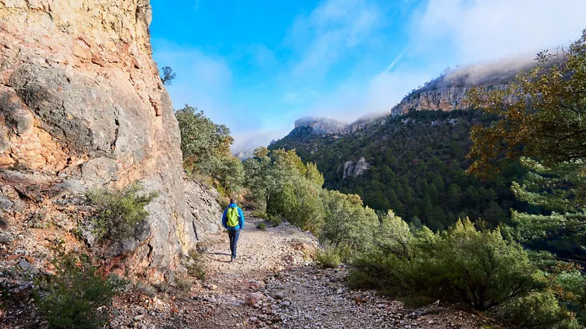 Senderista caminando por un camino estrecho junto a un paredón rocoso.