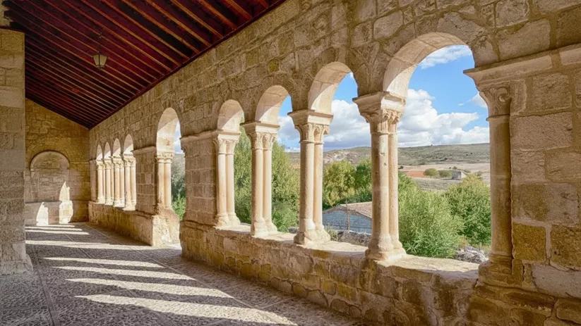 Galería porticada con arcos y paisaje rural.