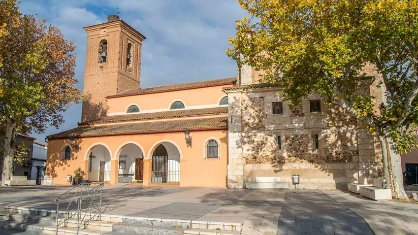 Iglesia de fachada clara con torre y plaza arbolada.