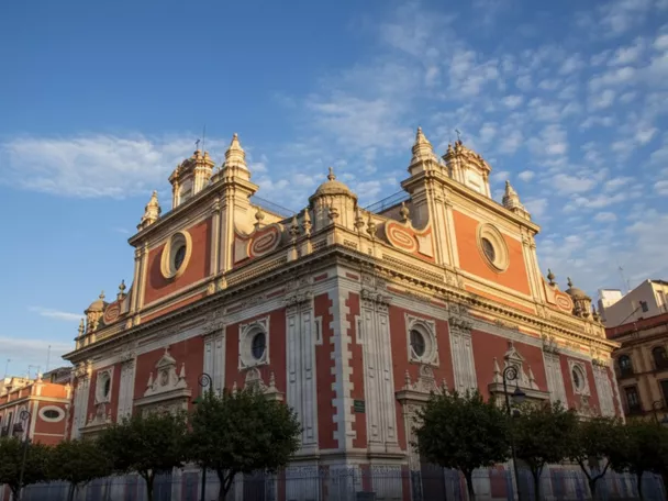 Fachada barroca en tonos rojizos con torres y cúpulas bajo cielo azul.