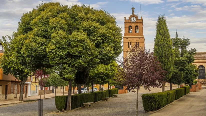 Plaza con árboles y torre de iglesia al fondo.