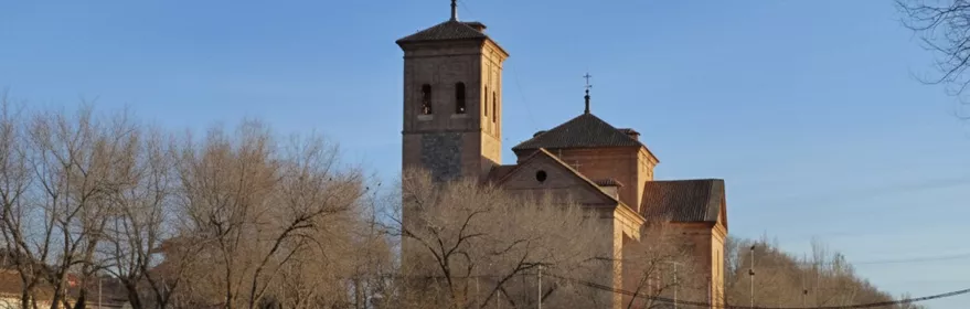 Iglesia junto a un parque con árboles sin hojas y zona verde en primer plano.