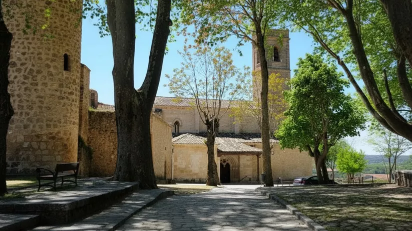 Plaza arbolada frente a iglesia medieval.