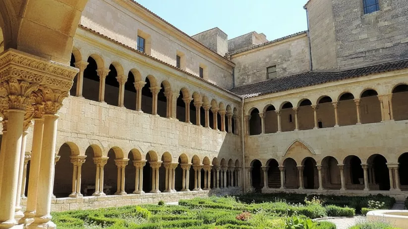 Patio con galerías de arcos y setos recortados.