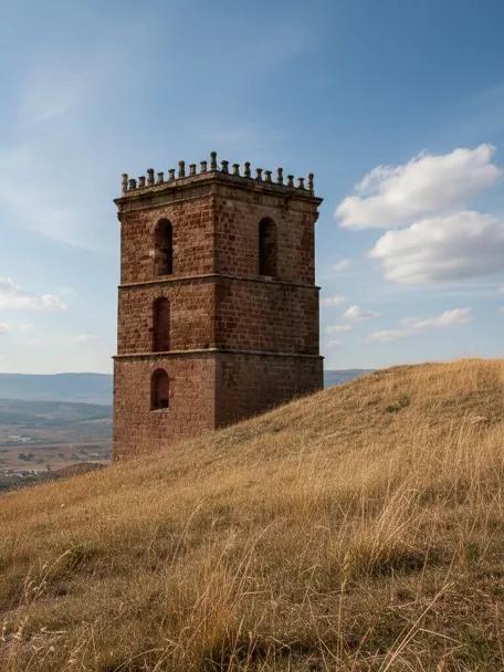 Torre de piedra aislada sobre colina cubierta de hierba seca.