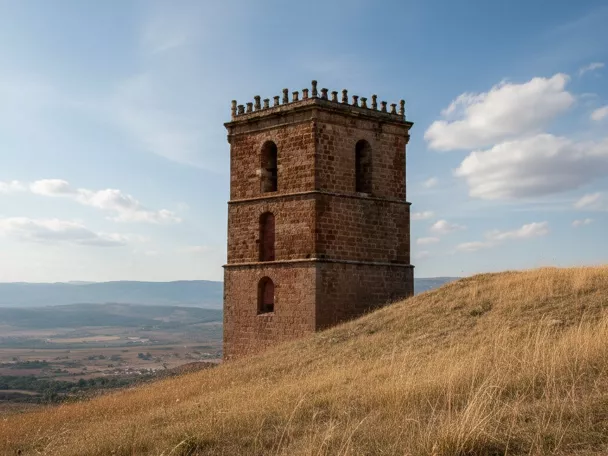 Torre de piedra aislada sobre colina cubierta de hierba seca.