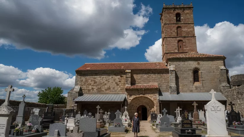 Fachada de iglesia con torre y cementerio con lápidas en primer plano.