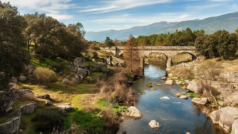 Puente de piedra sobre río entre montañas