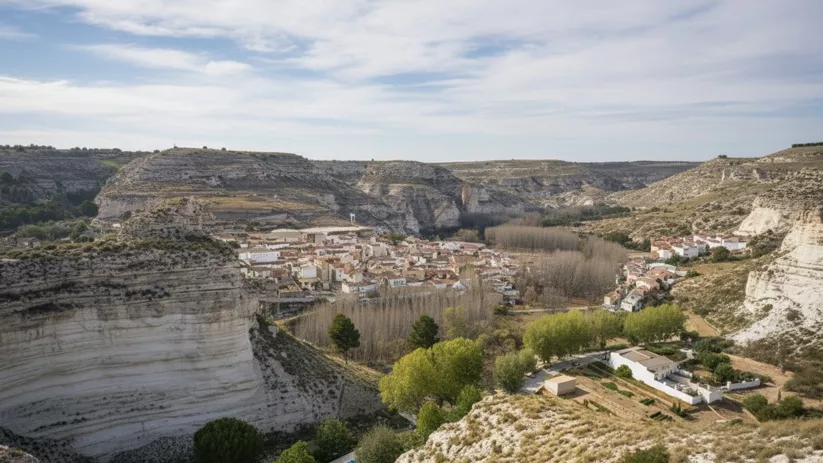 Casas de La Recueja rodeadas de arboledas y montañas calizas en un paisaje típico del valle del Júcar.