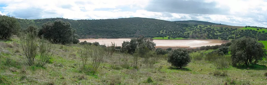 Paisaje de colinas verdes con laguna estacional en el centro