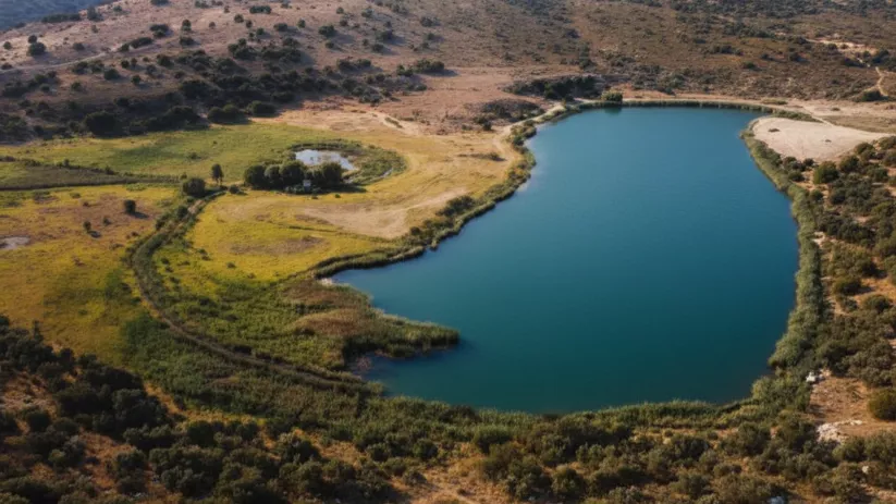 Vista aérea de un lago azul con orillas verdes y caminos de tierra.