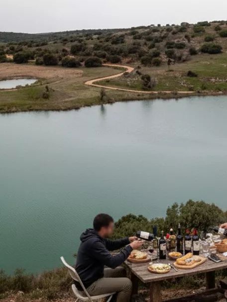 Lago amplio en un valle con colinas suaves y un pequeño estanque cercano.