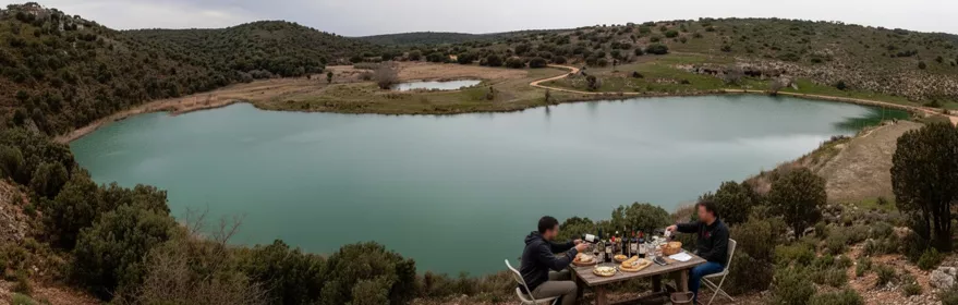 Lago amplio en un valle con colinas suaves y un pequeño estanque cercano.