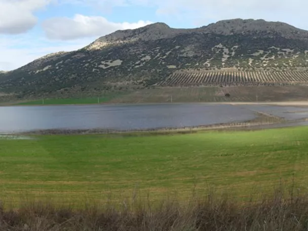Panorámica de laguna rodeada de campos verdes y sierras suaves