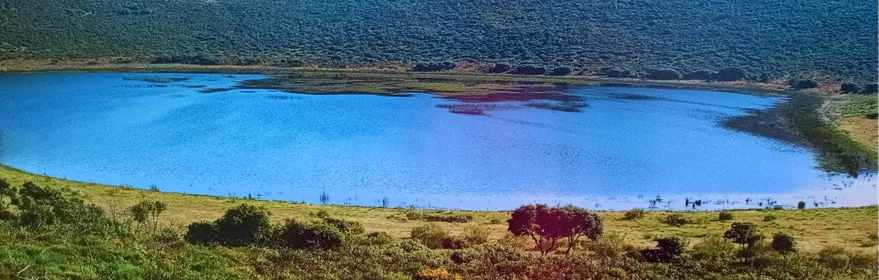 Laguna rodeada de matorral y colinas bajo cielo azul